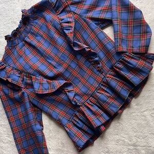 English Factory Cottagecore Plaid Ruffle Smocked Mock Neck Modest Top Blue Sz M